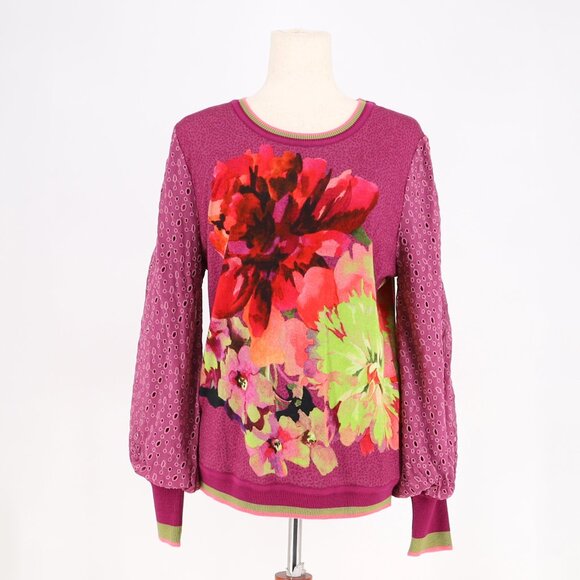 Bl-nk London ANTHROPOLOLGIE Contrast Floral Eyelet Sleeve Pullover Size S - Picture 3 of 9